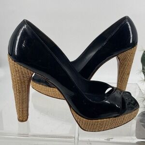 Stuart Weitzman Women's Patent Leather Criss Cross Pump Heel Black Tan Size 8.5M